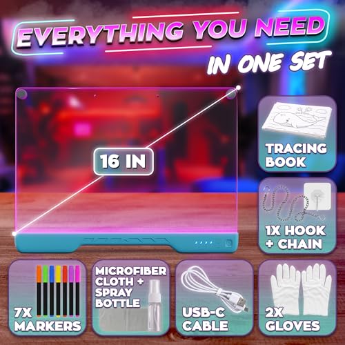 Upgraded 16-Inch LED Drawing Board Rechargeable – 7 Colors, 10 Lighting Effects, Adjustable Brightness – Acrylic Light Board for Tracing with Stand, Markers & Complete Set – Birthday Gift Idea (Blue) - style: Blue