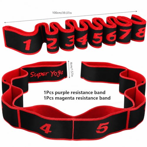 2 Pack Numbered Resistance Bands - 8 Loop Stretch Band, 8 Section Elastic Stretch Strap for Glute Training, Yoga, Pilates, Dance & Flexibility (Blue+Red)