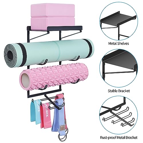 Yoga Mat Holder Wall Mount Storage Shelf Black & Hooks for Resistance Bands | All Metal Sturdy Wall Storage Organizer for Home Gym; 3 Tier for Yoga Mats, 7 Hooks for Bands & Workout Gear; Space Saving