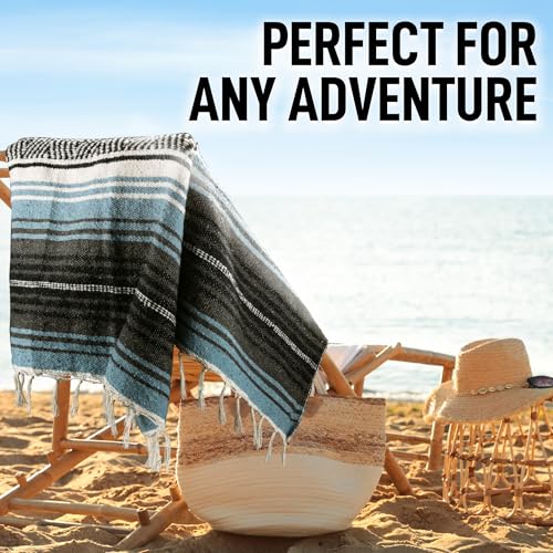 Hydration Nation Authentic Large Handwoven Mexican Blanket - Soft Yoga- Durable Serape- Lightweight Falsa, Beach, Camping, Picnic, Outdoor Blanket 70"x50" - Aqua Sky - color: Aqua Sky