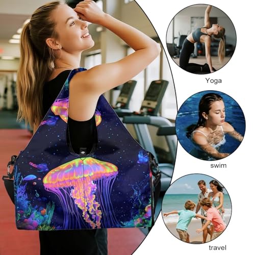 Yoga Mat Bag for Men Women Canvas Yoga Mat Carrier Take In Out Mat Easily for Beach Swim Bags Pool Sports Gym - color: Fluorescent Jellyfish