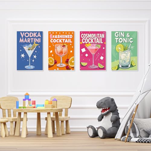 QENSPE 4 Pack Paint by Numbers Kit for Adults with Wooden Frame, Cocktails Adults Paint by Number for Beginners, DIY Easy Acrylic Oil Painting Kits on Canvas, Home Wall Decor Gift 8X12 inch - color: Cocktail 2