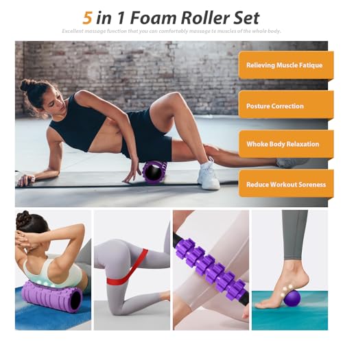 SUBCULTUREPICK 5 in 1 Foam Roller Set for Deep Tissue Muscle Massage | High Density Trigger Point Fitness Patented Exercise Roller, Muscle Stick, Massage Ball, Stretching Strap, for Whole Body - color: Purple