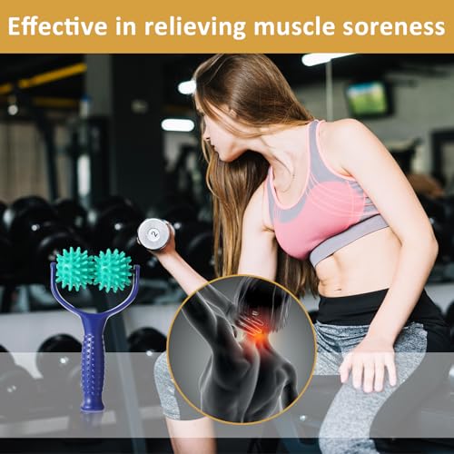 Handheld Spiky Massage Balls Rollers, 2 Wheel Spiky Massage Ball Rollers Silicone Manual Massage Roller with Handle Pressure Point Muscle Massage Tool for Foot Arm Body Neck Leg Pain Pressure Relief - color: Blue Green