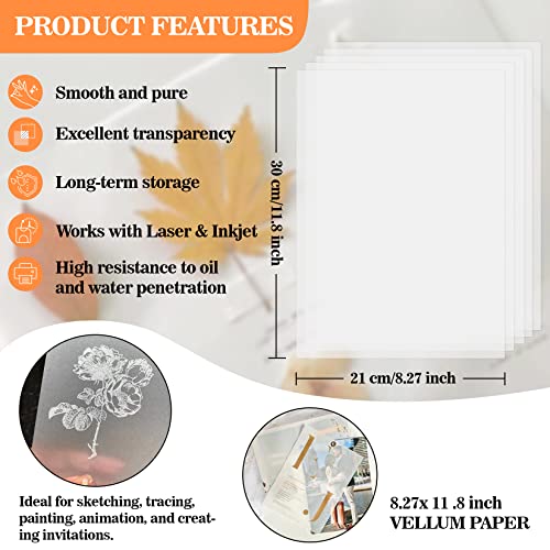 Vellum Paper 8.27 x 11.8 Translucent-Printable - Translucent Vellum Paper Tracing for Crafts Tracing,Drawing,Card Overlays,Invitation Envelope 30 Sheets | Use with Tracing Paper, Carbon Copy Paper for Drawing Patterns on Wood, Canvas, Fabric, Artist Lette