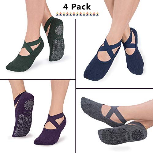 Ozaiic Pilates Socks for Women Non Slip Grip Yoga Barefoot Indoor Workout - color: 4 Pairs - Navy/D.gray/ D.green/D.purple