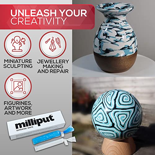 Milliput Superfine White Epoxy Putty 10 Pc Kit - Ceramic & Porcelain Repair | Fixes sinks, tubs, tiles and stone. Includes 6 double ended sculpting tools, sanding sponge, 2 pairs gloves and tips card