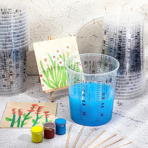 24 Pcs 64 oz 1800 ml Paint Measuring Cups Mixing Cups with Graduated and 20 Pcs Paint Mixing Sticks Plastic Disposable Resin Automotive Epoxy Mixing Cup for Paint Kitchen Cooking Baking