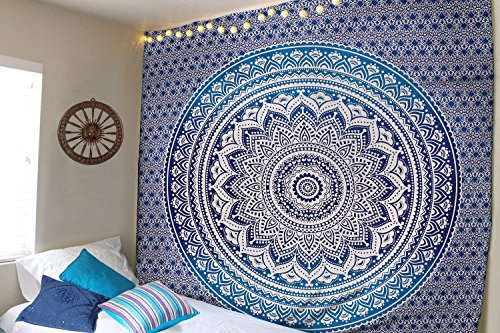 raajsee Large Blue Ombre Mandala Tapestry Wall Hanging,Indian Cotton Beach Throw Blanket Hippie Bohemian Elephant Queen Boho Décor,Meditation Yoga Mat Rugs,82x92 inches - color: Blue Ombre, size: 92"L x 82"W
