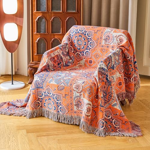 VANJOROY Boho Throw Blanket for Bed Couch 50" x 60", 100% Organic Cotton Skin-Friendly Ultra Soft Quilt Orange Throw - Floral Rustic Room Decor Luxury Reversible Blanket for Sofa Chair and Gift - color: Boho-flower-h, size: Throw (50" X 60")