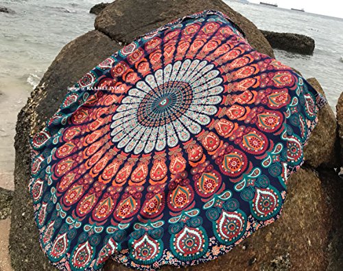 raajsee Navy Blue Mandala Round Beach Tapestry Hippie/Boho Mandala Beach Blanket Roundie/Indian Cotton Throw Bohemian Round Table Cloth/Home Decor/Yoga Mat Meditation Picnic Rugs 50 Inches Circle