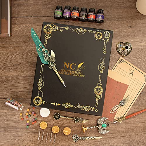 NC Quill Pen and Ink Set, Feather Calligraphy Pen Set, Wax Seal Stamp Set, Valentine's Day Gift for Writing Lovers, Various Holiday Ideal Gift (Green) - color: Green