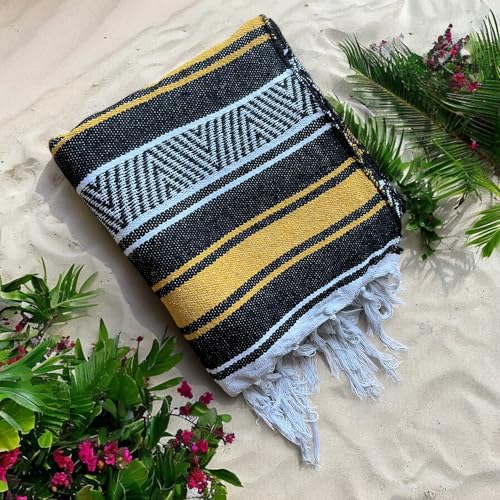 Mexican Falsa Blanket Serepe Throw Authentic Handwoven Saddle Multi-Use for Yoga, Beach, Camping and Picnics - Durable Outdoor Indoor. 60% Cotton. (Yellow) - color: Yellow