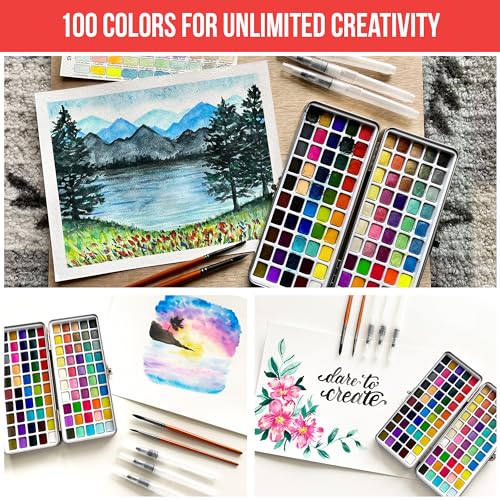 Watercolor Paint Set 100 Vibrant Colors for Adult Beginner Professional | With Metallic Colors. Travel Size Water Color Art Kit Palette for Adults & Beginners. Portable Watercolors, Artist Gifts Idea - color: Standard Set