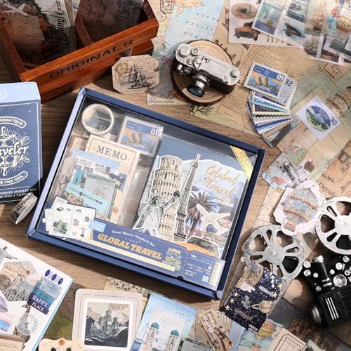 emmoolife Scrapbooking Supplies Kit, Daily Life World Travel Scrapbook Kit for Bullet Junk Journal, Stationery, A6 Grid Notebook, DIY Journaling Supplies, Birthday Craft Gift Teen Women - color: Journey