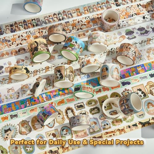 Cat & Dog Washi Tapes Set 20 Rolls, Cute Decorative Masking Tape for Junk Journal, Scrapbooking Supplies, DIY Crafting Supplies - style: Cat & Dog