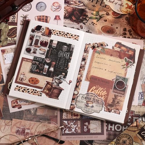 emmoolife Scrapbooking Supplies Kit, Coffee Vintage Aesthetic Scrapbook Kit for Bullet Junk Journal, DIY Journaling Supplies with Coffee Bean Cup, Latte Art, Birthday Craft Gift for Teen Girl Women - color: Coffee II