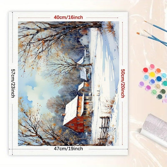 Country Winter Paint by Numbers Kit for Adults - DIY Snowy Red Barn and Rural Houses Painting on Canvas 16x20 Inches, Acrylic Paint Set, Suitable for Beginners, Art for Home Decoration or Gifts - color: HSX00410, size: 16X20IN Folded