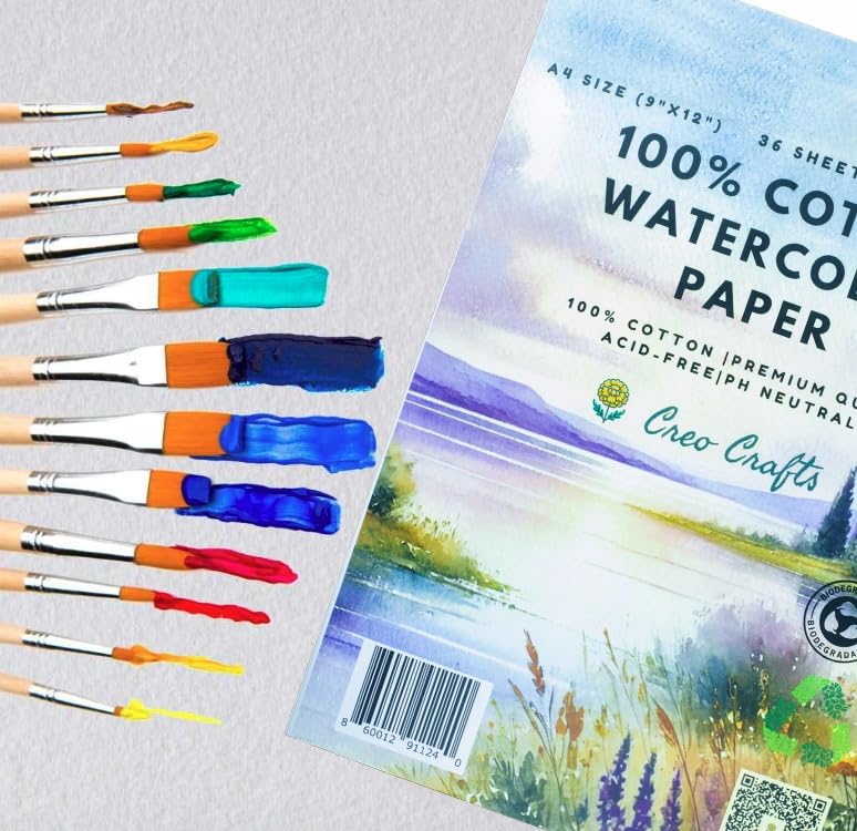 Creo Crafts 100% Cotton Watercolor Paper A4 (8.3 x 11.7 in) - 36 Sheets, 250 GSM Cold Pressed, Gelatin Sized, Acid-Free Natural White Artist Paper for Watercolour & Gouache - size: A4