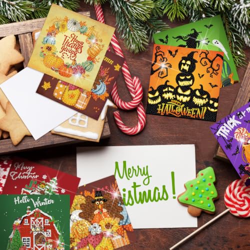 Saillong 12 Pack Fall Diamond Painting Greeting Cards Kits DIY Holiday Diamond Art Cards with Envelopes Halloween Christmas 5D Rhinestones Painting Making Kit for Adult DIY Crafts Party Favors Gifts - color: Holiday