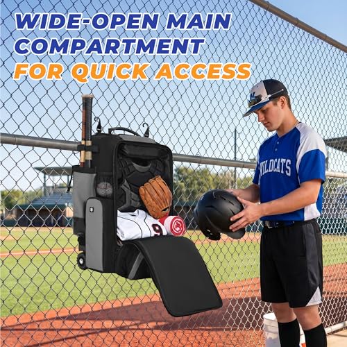 Rolling Baseball Bag with Wheels, 70L Baseball Backpack - color: Grey