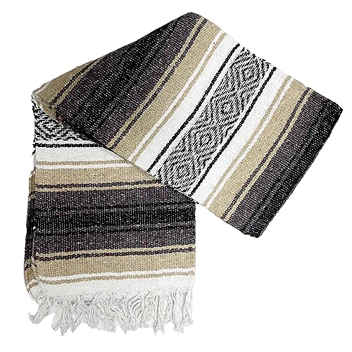 Genuine Oversized Artisan Mexican Falsa blanket (72inx48in) -Authentic Handcrafted Yoga Blanket, Beach Throw, Camping Essential, Picnic Mat, or Outdoor Wrap - color: Brown Beige
