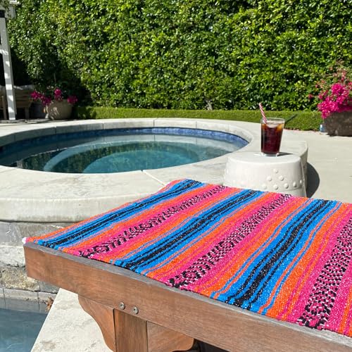 Del Mex Classic Mexican Blanket, Large Authentic Woven Falsa Throw (70"x50"), Artisan Southwest Décor for Beach, Yoga, Outdoors (Turquoise/Pink/Orange) - color: Turquoise/Pink/Orange