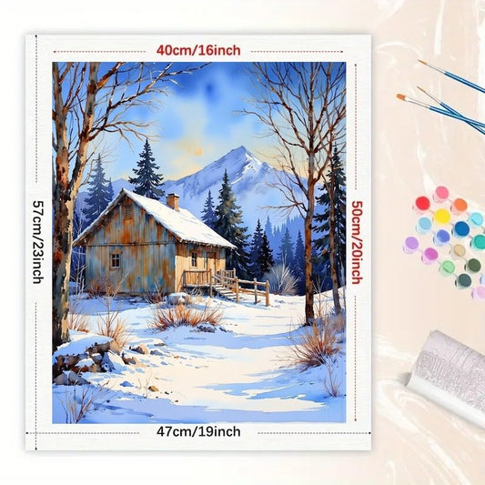 Winter Scene Paint by Numbers Kit for Adults - DIY Rustic Snowy Cabin and Pine Trees Painting on Canvas 16x20 Inches, Acrylic Paint Set, Suitable for Beginners, Art for Home Decoration or Gifts - color: HSX00664, size: 16X20IN Folded