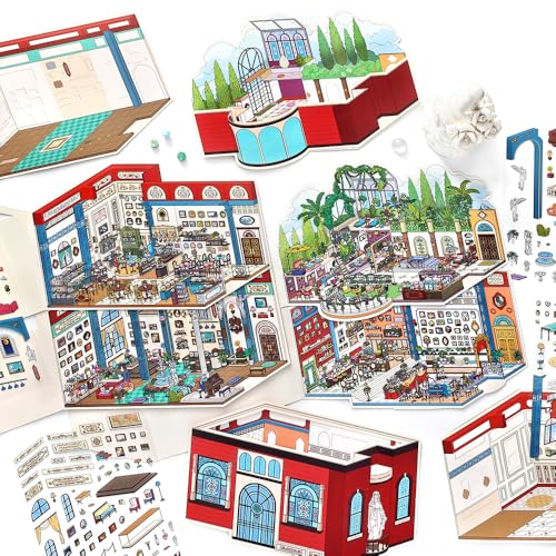 4PCS Foldable 3D Sticker Scene Book for Adults & Teens, DIY Isometric House Scenes, Large Build-Your-Own Room Sticker Set, Relaxing Sticker Therapy Art Kit - style: Rome Hotel