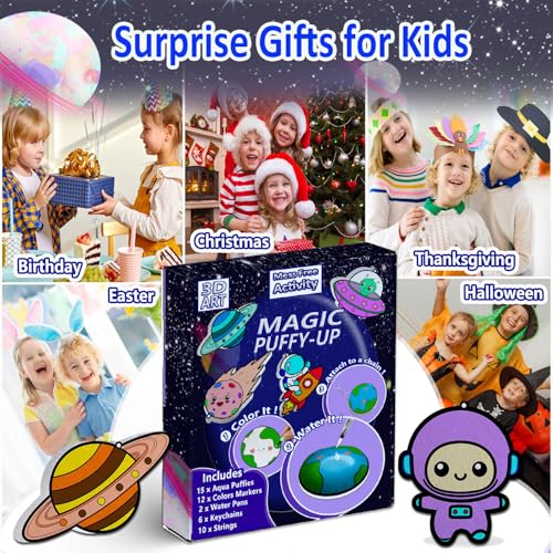 mom&myaboys 3D Aqua Puff Art Kit for Kids - Mess-Free Magic Water Painting Craft, DIY Color & Inflate Animals Activity, Creative Travel Gift for Girls & Boys Ages 4-10 (Outer Space) - style: outer space