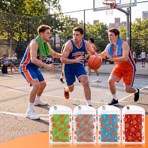 Chumia 4 Pack Basketball Themed Cooling Towels (40"x12"), Soft Breathable Chilly Towel, Ice Towel, Microfiber Towels for Running, Workout, Gym, Sport, Basketball Party Favors Player Team Gifts - color: Light Blue, Green, Rose Red, Light Gray, style: Baske