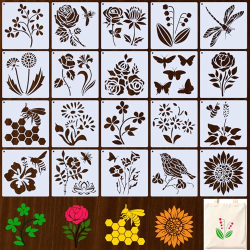 Flower Stencils for Painting on Wood, Wall, Fabric, Paper – 20 Pcs PET Farm Garden Drawing Templates with Butterfly, Dragonfly, Sunflower, Rose Designs, 5x5 Inch Reusable Stencils - style: JLL-Wildflower