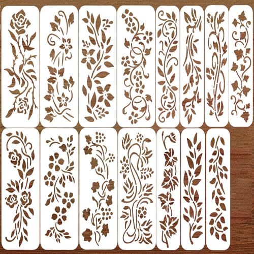 ORIGACH 15 Pcs Vine Stencils for Painting on Wood Wall | Reusable Plant Painting Stencils Templates for Fabric Canvas Window Furniture Home Decor - style: Vine