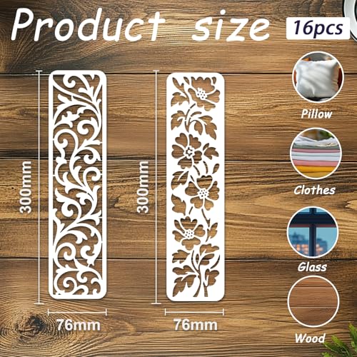 INFUNLY 16Pcs Botanical Lace Wall Stencil for Painting 3×11.8" Reusable Wall Stencils Flower Border Painting Stencil Small Vintage Art Walls Template for Crafts Cement Wood Furniture Home Decor - style: 16PCS Botanical Lace