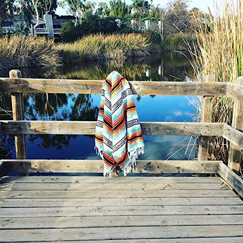Open Road Goods Multi Color Mexican Falsa Blanket - Handwoven in Mexico - Great for The Beach, Picnics, Yoga, or a Throw! (Mint/Orange) - color: Mint/Orange