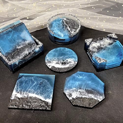 RESINWORLD Set of 3 Thick Square Octagon Round Coaster Molds with Matching Holder Mold, Shiny Coaster Silicone Molds for Resin Casting