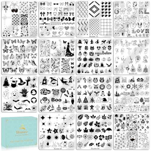 Biutee Nail Stamping Plate 15 PCS Nail Stamping Kit with Nail Stamper | Nail Art Stamping Plate with Scraper & Storage Bag, Nail Stamper Kit Star Bowknot Love Butterfly Leaf Design for DIY Nail Art - color: 19 Piece Set