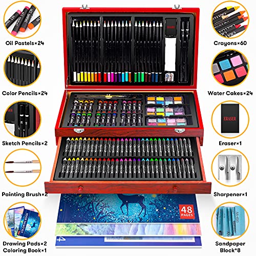 iBayam Art Supplies,150-Pack Deluxe Art Set Crafts Drawing Painting Kit | 2 -Sketch Pads, 1-Coloring Book, Wooden Gift Box for Kids Adults Artist Beginners Teens Girls Boys 5 6 7 8 9 10 11 12 - color: Cherry