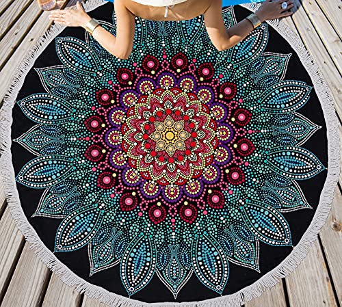 LIVILAN Round Boho Mandala Beach Towel for Women, Microfiber Soft Cute Beach Towel, Circle Beach Blanket Hippie Gifts Bohemian Decor, 59”Quick Dry Sand Free Mandala Tapestry with Tassels - color: Blackpink