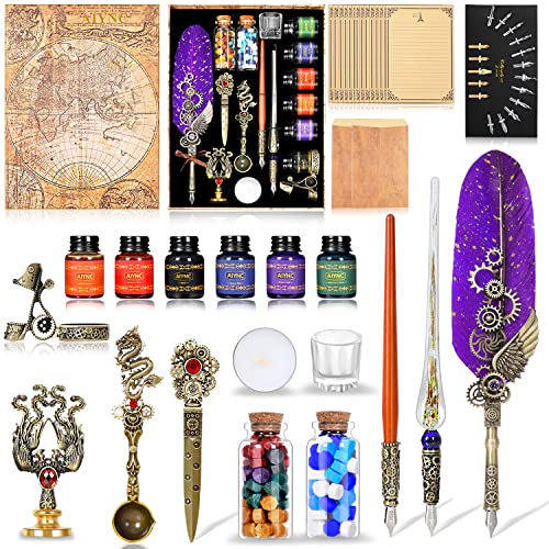 Quill Pen Ink Set, With Quill Pen, Wooden Dip Pen, Glass Dip Pen, 6 Bottles Ink,16 Letter Paper, 2 Envelopes,17 Nibs, Pen Holder, 2 Bottles Fire Lacquer Wax, Stamp, Spoon, White Wax, Cup(Purple) - color: Purple
