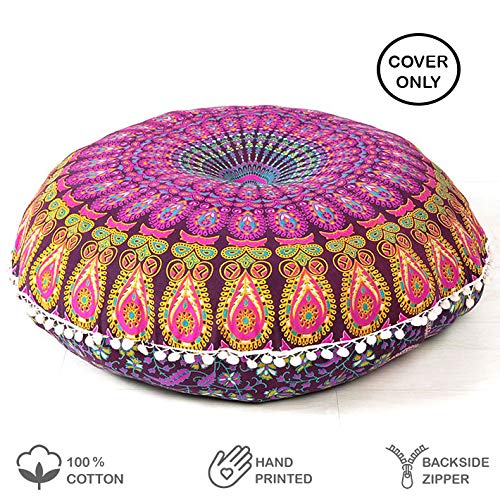 Mandala Floor Pillow Cover Meditation Cushion Seating Throw Hippie Round Colorful Decorative Bohemian Indian Pouf Ottoman Handmade Cover ONLY (A1 Purple 2, 32" x 32") - color: A1 Purple 2, size: 32" x 32" (Pack of 1)