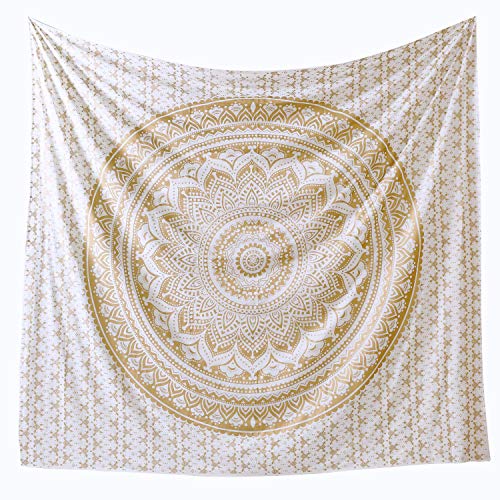 Popular Handicrafts Th566 Twin Original Gold Ombre Tapestry Indian Mandala Wall Art, Hippie Tapestry Wall Hangings, Bohemian Bedspread with Metallic Shine (215x140) cms - color: Gold, size: 82"L x 54"W