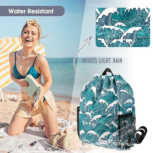 Waterproof Drawstring Backpack Sports Gym Sackpack with Mesh Pockets Water-Resistant String Cinch Beach Bag for Men Women - color: Print - Blue Waves