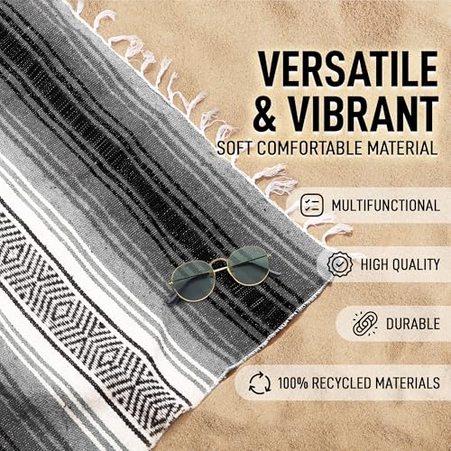 Hydration Nation Authentic Extra Large Mexican Blanket (70"x50") - Handwoven Yoga, Serape- Artisanal Falsa, Beach, Camping, Picnic, Outdoor(Gray) - color: Gray