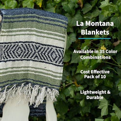 La Montana Bulk Falsa Mexican Blanket, 4 Pack, Light Olive/Slate Blue/White - color: Light Olive/Slate Blue/White