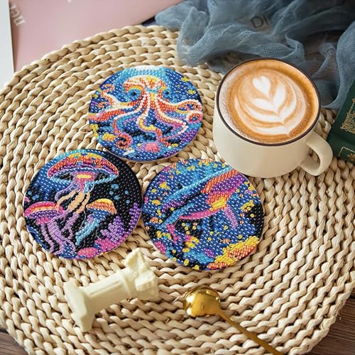 Mrnsiet 8PCS Diamond Art Coasters with Holder, DIY Ocean Animals Diamond Painting Coasters Kits for Adults, Non Slip Marine Animals Mosaic Dot Painting Coaster Gift Set for Beginners 4x4 Inch - color: BDWY330-US
