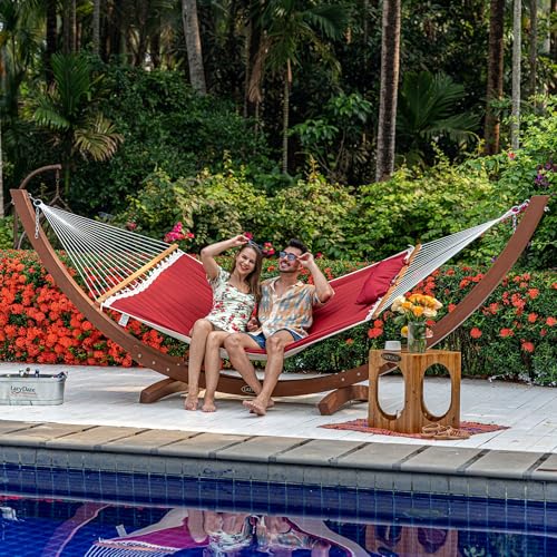 Lazy Daze 12 FT Double Hammock with Spreader Bar for Outside, Burgundy | 2 Person Heavy Duty Hammock with Detachable Pillow and Carabiners for Outdoor Backyard Poolside, 450lbs Weight Capacity - color: Burgundy