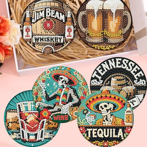 Mrnsiet 8 PCS Halloween Diamond Art Coasters Kits with Holder, 5D DIY Vintage Beer Diamond Pinting Coaster Acrylic Non Slip Coaster with Cork Pads for Tabletop Protection 10×10 CM - color: JXBD07-US