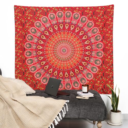 RAJRANG Mandala Wall Hanging Tapestry for Bedroom and Living Room Decor with Peacock Pattern Indian Boho Bohemian Small Tapestries Golden Red 60x50 Inches - color: Golden Red, size: 60"L x 50"W