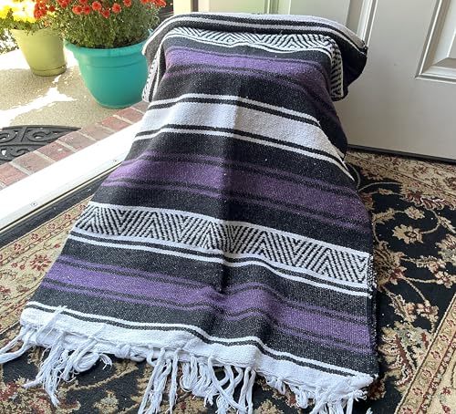 Mexican Falsa Blanket Serepe Throw Authentic Handwoven Saddle Multi-Use for Yoga, Beach, Camping and Picnics - Durable Outdoor Indoor. 60% Cotton. (Purple) - color: Purple
